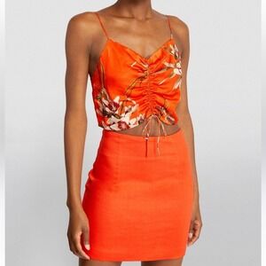 NWT All Saints sz US 8 crop top orange dorada satin silk blend ruched cinch tie